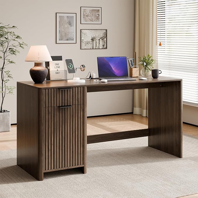 60" Fluted Home Office Desks with Storage, Modern Executive Desk Computer Desk with Drawer & Cabinet, Wood Work Desk for Office, Bedroom, Study, Living Room, Walnut