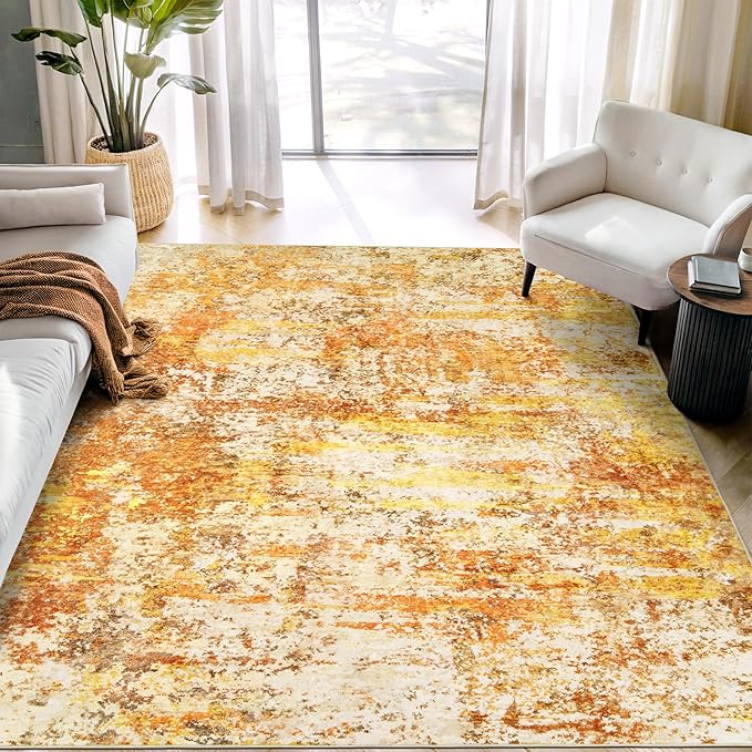 Washable Area Rugs for Living Room - 5x7 Abstract Modern Rug Neutral Soft Rug Stain Resistant Non-Shedding No Slip Low Pile Large Carpet for Bedroom Dining Room Nursery Home Office - Orange/Gold