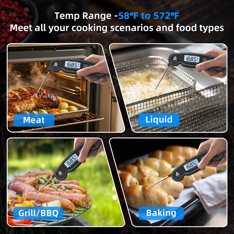 Aurasky Instant-Read Meat Thermometer Digital for Cooking and Grilling, Waterproof Food Thermometer with Backlight, Calibration & Hold Function for Kitchen, BBQ, Deep Fry, Candy, Liquid (Black)