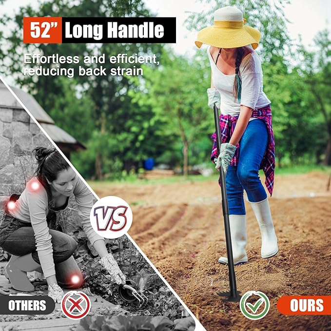 Hoe Garden Tool, Weeding Hoe Cultivator Long Handle 52", Heavy Duty Steel Scuffle Hoe for Lawn Yard Garden, Adjustable Rocket Shaped Weed Remover with Sharp Blade
