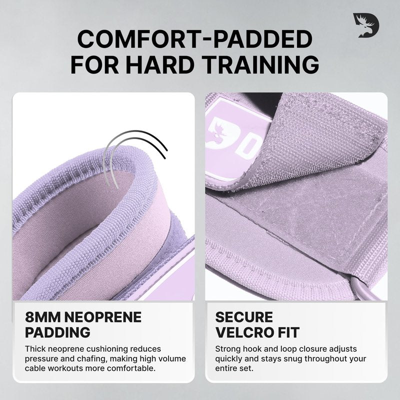 DMoose Fitness Ankle Straps for Cable Machines - One Size Fit Premium Padding, Glute Kickback Ankle Strap for Women & Men, Cable Attachments for Gym & Booty Workouts (Lilac Purple - Single)