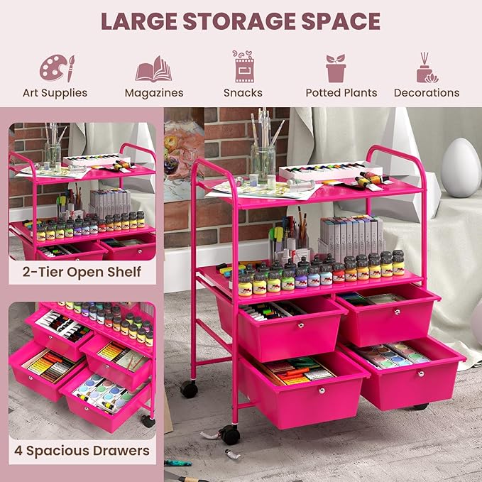 COSTWAY 4-Drawer Storage Cart, Mobile Storage Organizer w/Steel Frame & 360° Wheels, 4-Drawer Utility Cart for Living Room, Kitchen, Bathroom & Office, Hot Pink