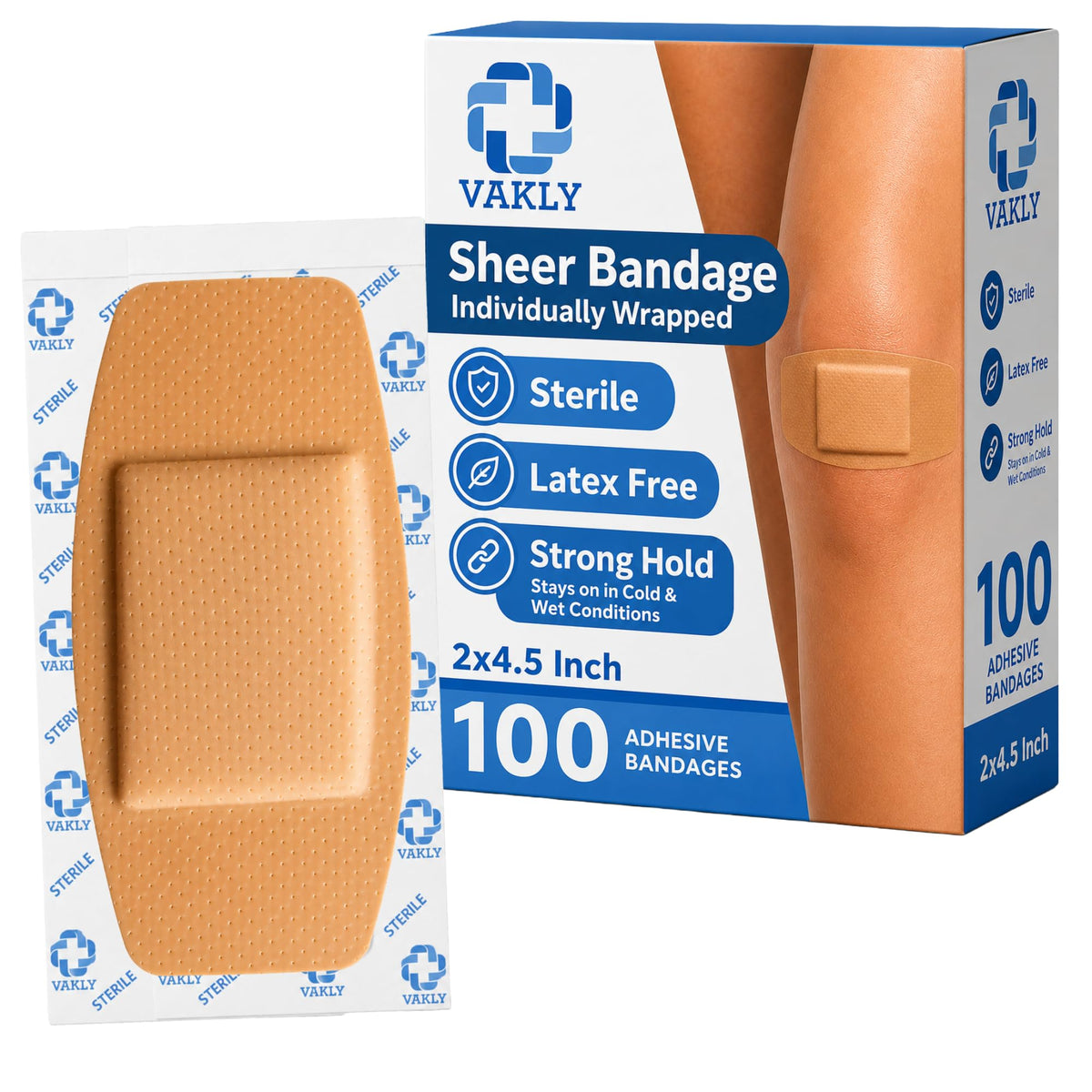 Vakly Extra Large Adhesive Bandages 2 x 4.5 in (100 Pack) – Sterile Sheer Plastic Bandages with Non-Stick Pad, Breathable Flexible 4-Sided Seal, Latex-Free First Aid Wound Care