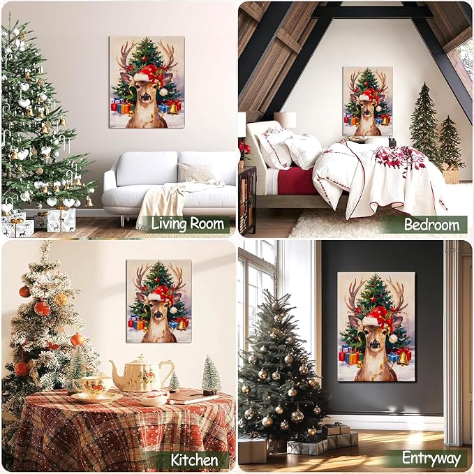 Vintage Reindeer Christmas Canvas Wall Art - Rustic Winter Deer in Snow Forest Framed Print, Cozy Christmas Wall Decor for Living Room, Unique Christmas Gifts & Festive Decorations