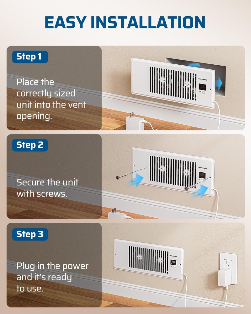 DEWENWILS 4'' x 12'' Quiet Register Booster Fan with Remote Control & Smart Intelligent Thermostat, 5-Speed Vent Fan Booster, Enhances AC Heating & Cooling Airflow for Floor, Wall, White