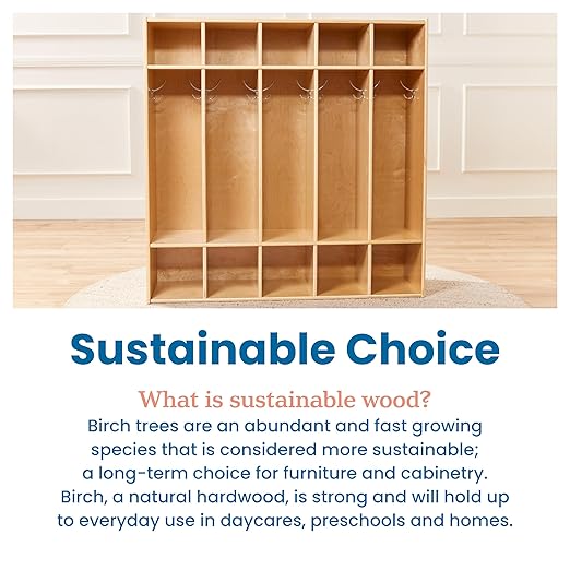 ECR4Kids Streamline 5-Section Coat Locker with Cubby Storage, Classroom Furniture, Natural