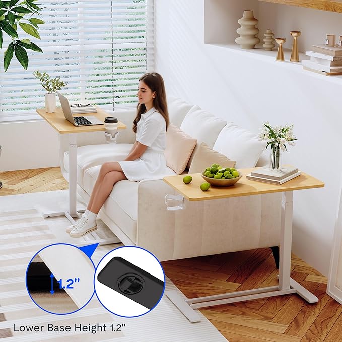 FLEXISPOT Adjustable C Table with Wheels, Mobile Snack Side End Table Sofa Couch Bedside Table Laptop Rolling Cart TV Tray Night Stand Small Space Side Table,(31.5" W x 17.7" D,Maple)