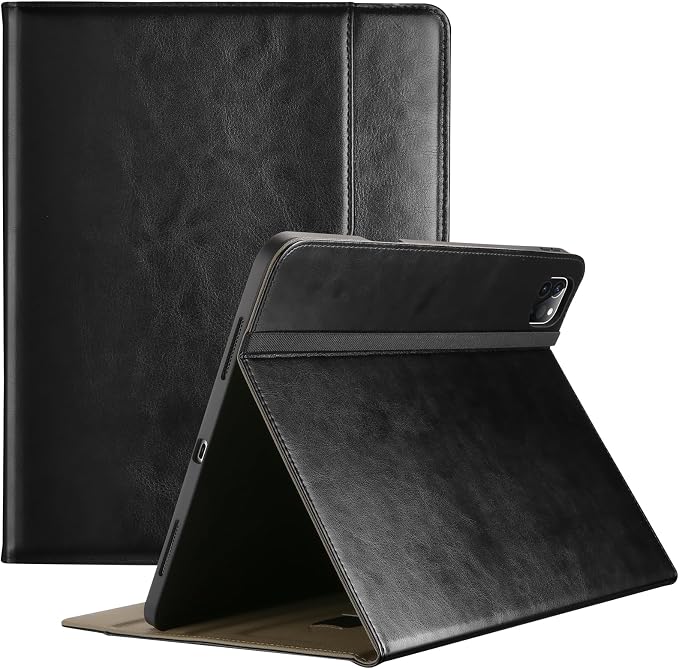 ProCase Leather Case for iPad Pro 13 Inch 2025 M5 and 2024 M4 - Black | PU Leather Folio With Pencil Holder Hand Strap Front Pocket and Multi-Angle Stand for Business and Travel