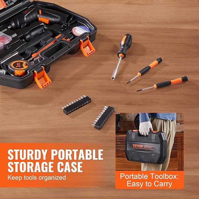 VEVOR Tool Kit, 96 Piece General Household Hand Tool Set, with Cordless Screwdriver and Portable Tool Storage Case, Steel, for Home Maintenance, DIY Projects, and Automotive Repair