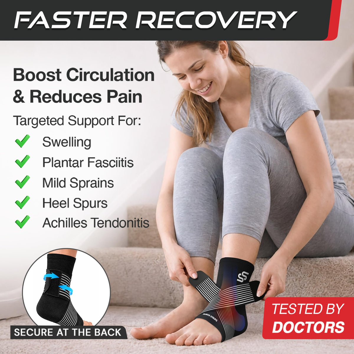 Sleeve Stars Ankle Brace for Women & Men, Ankle Wrap for Sprained Ankle, Compression Sleeve for Plantar Fasciitis Relief, Easy Customizable Support: w/Removable Strap (Pair/L:12"-13"/Black)