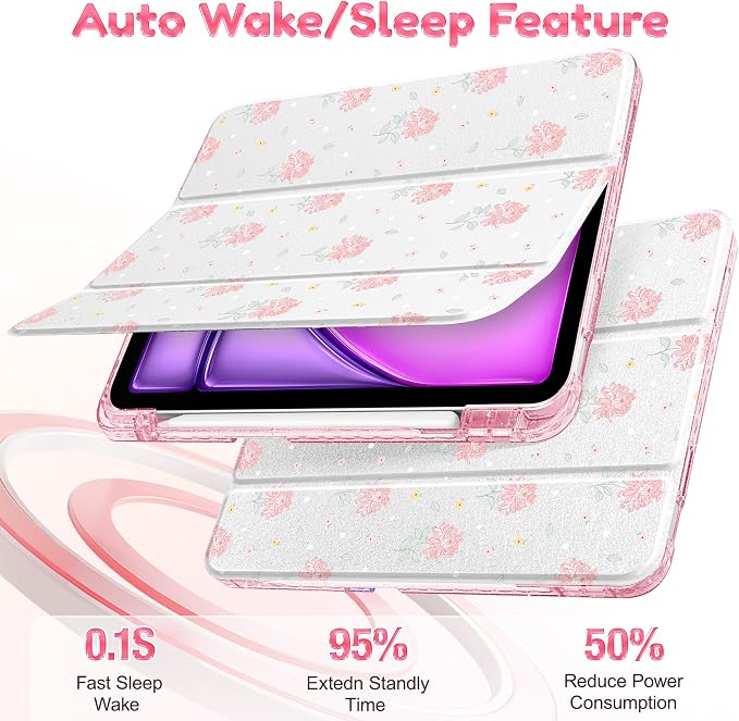 for iPad Air 11 inch M4/M3/M2 (2026/2025/2024) iPad Air 5th/4th Gen (2022/2020) 10.9 inch with Pencil Holder Glitter Clear Pretevtive Cover Auto Wake/Sleep Black Cartoon Stickers