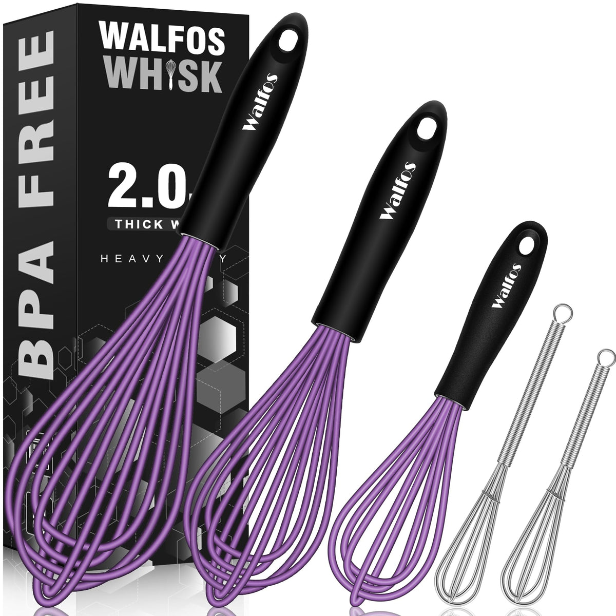 Walfos Whisk,5+7Inch Mini Whisks,Silicone Non Scratch whisk,Heat Resistant(480°F) Small whisks Suitable for stirring individual eggs and mixing small amounts of powder and sauce. Purple & Green