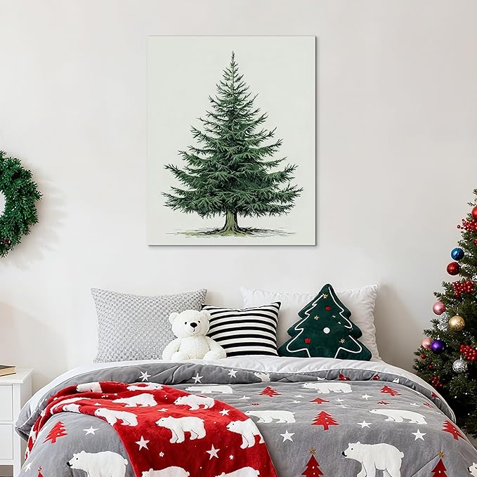 Framed Christmas Pictures Wall Decor,Vintage Pine Tree Prints,Winter Christmas Canvas Wall Art Decoration for Bedroom Bathroom Living Room Rustic Xmas Holiday Gifts (Christmas Tree 5, 24'' X 36'')