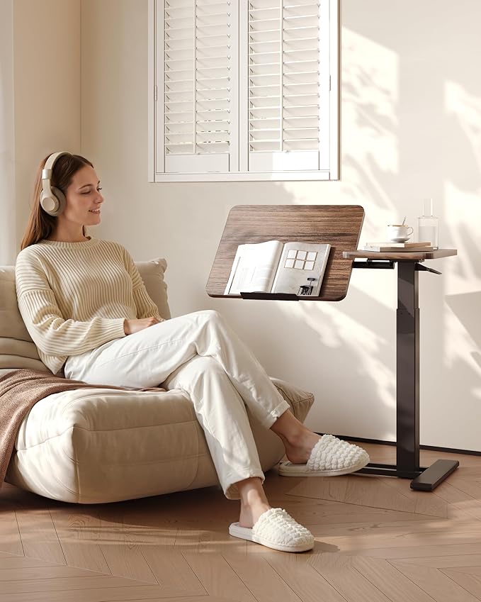 FLEXISPOT H7 Flex Adjustable Height C-Shaped End Table Split Tilting Top Mobile Side Table for Sofa & Bedside, Slides Under Furniture, Hidden Wheels for Small Spaces(31.6" W x 15.7" D,Dark Walnut)