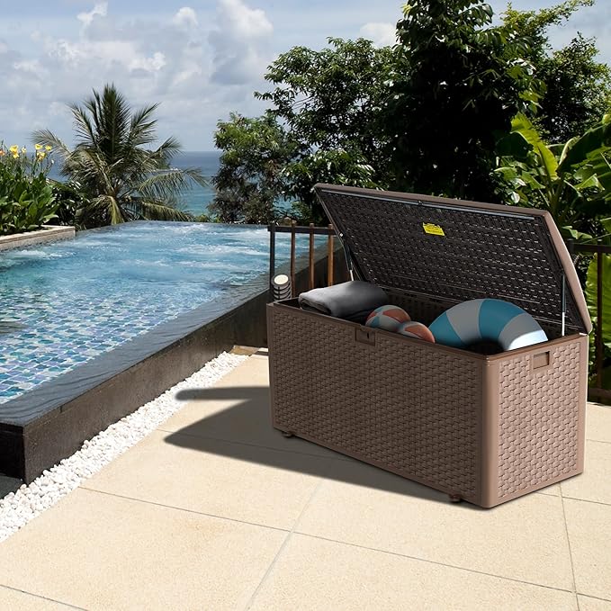 180 Pro Gallon Waterproof Outdoor Storage Bin Resin Deck Box for Patio, Poolside, and Garden, Lockable & UV-Resistant, Brown