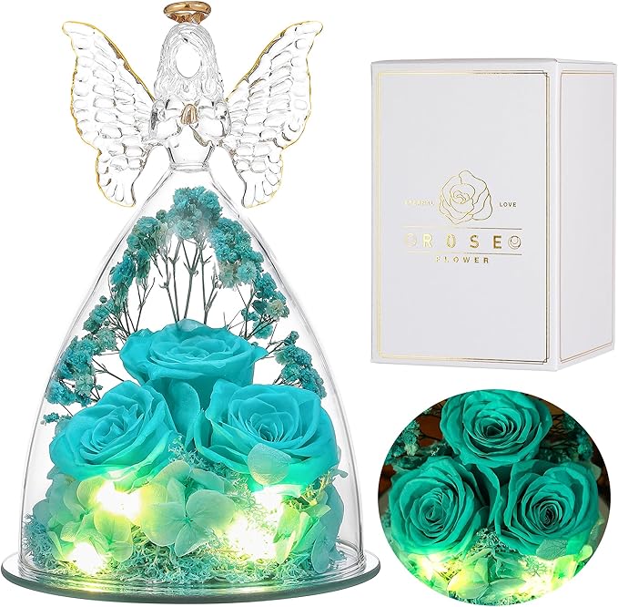 Ocosy Mothers Day Rose Gifts for her, Large Angel Rose Gifts for Women, Forever Real Roses in Angel Figurines, Angel Guardian with Roses Flower, Aqua Blue