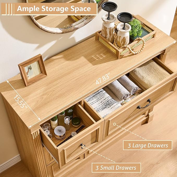 Farmhouse 6 Drawers Dresser for Bedroom, 48" Wide Large Dressers & Chests of Drawers w/Roman Column, Storage Dressers Organizer for Bedroom, Hallway, Living Room, Natrual