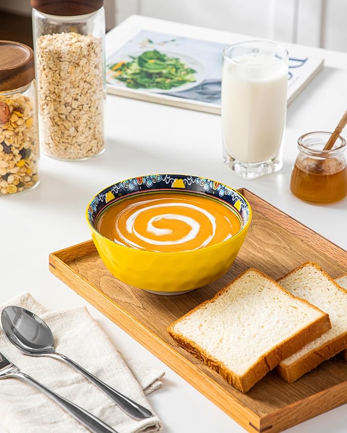 vancasso 26oz Cereal Bowls Set of 6, Boho Ceramic Soup Bowls with Colorful Bohemian Pattern, Microwave & Dishwasher Safe Serving Bowls for Salad, Oatmeal, Pasta, KRVI Series