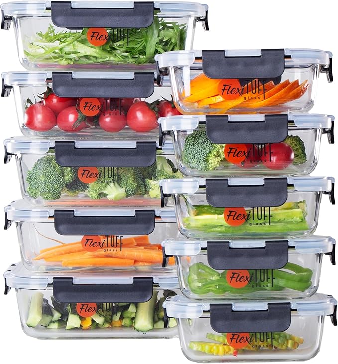FlexiTuff Glass 20pcs Set Food Storage Containers (10 Airtight & 10 Lids) |Lunch Containers | Meal Prep Containers | BPA Free, Leakproof Lids, Dishwasher, Microwave and Freezer Safe for Kitchen