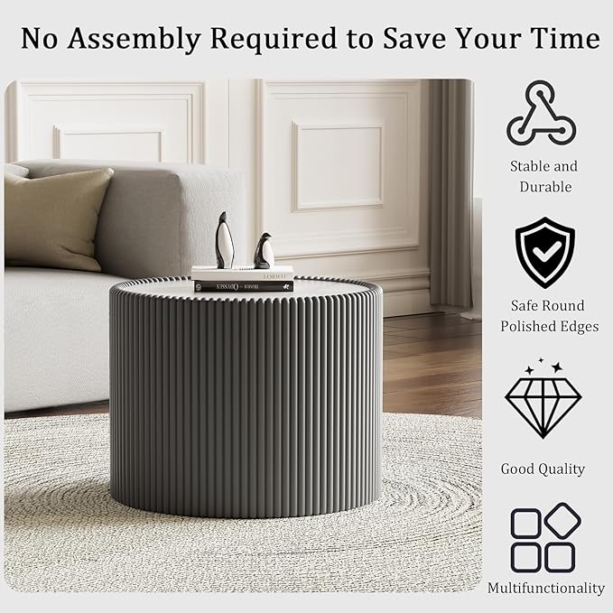Round Coffee Table Set with Sintered Stone Tabletop, 29.52" Black Drum Center Table and 17.71" Grey Coffee Table Set, 2 Pieces Living Room Table Set with Fluted PU Leather Cover& Stable Base