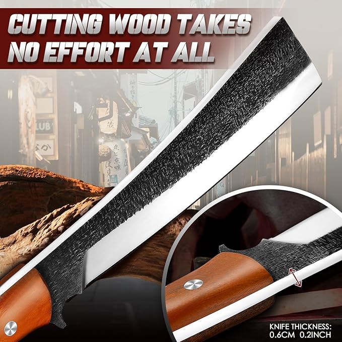 Freelander Japanese Style High Carbon Steel Machete with Red Sandalwood Ergonomic Full Tang Handle and Wood-Leather Sheath, for Camping, Hiking, Yard Work, and Survival,Christmas Gifts for Men Women