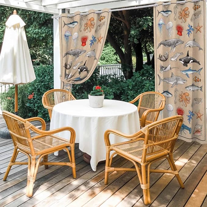 Vintage Outdoor Curtains for Patio Sharks Whales Lobsters Biographies