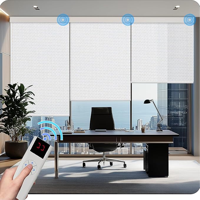 COOLWINDS Motorized Blinds with Remote Cordless Automatic Motorized Shades Custom Blinds for Windows Smart Curtains Compatible with Alexa Google Home(3% Solar White,W35 x H72in)