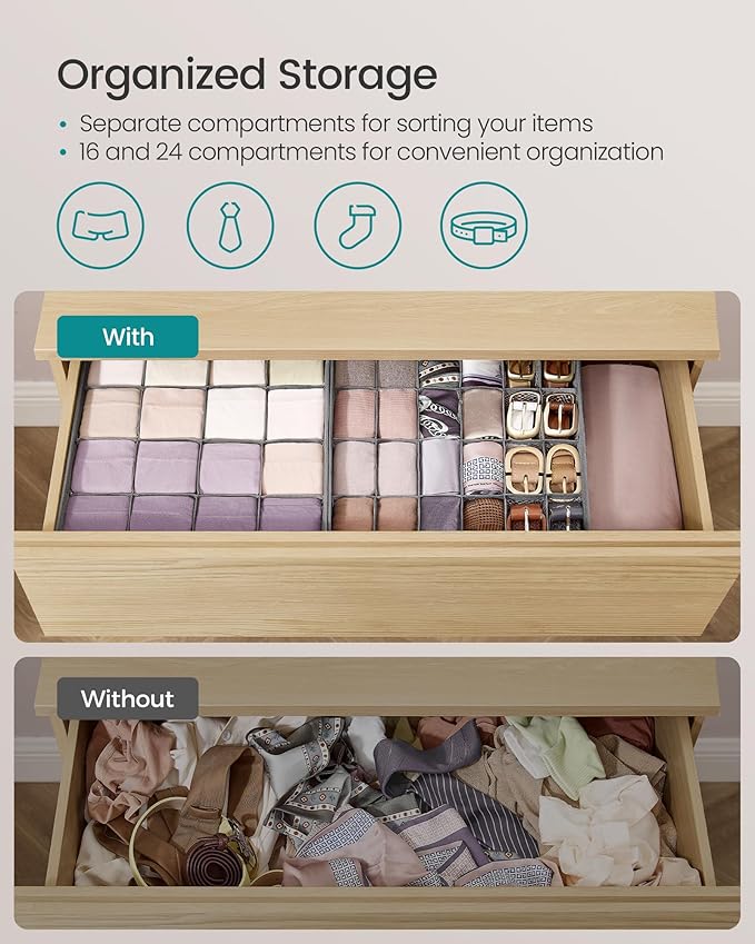 SONGMICS 6 Pack Drawer Organizers, 120 Cells (3x16+3x24), Foldable Dividers, 11.8 x 11.8 x 3.9 Inches, for Socks, Underwear, Ties, Belts, Dove Gray URUS011G02