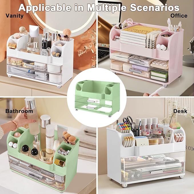 DASITON Large Capacity Makeup Organizer for Vanity with 2 Drawers, Skincare Organizers with Makeup Brush Holder, Cosmetic Display Case for Dresser Vanity Bathroom Countertop (Green)