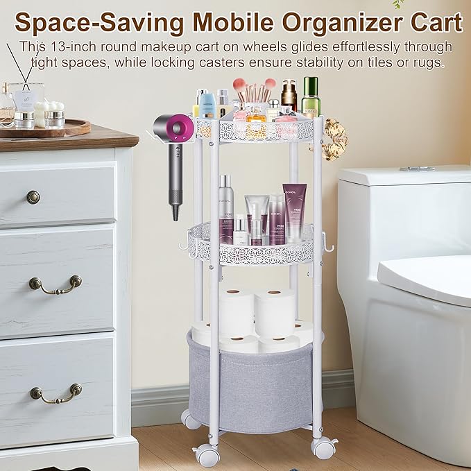 Makeup Organizer Cart with Hair Dryer Holder, 3-Tier Round Rolling Makeup Cart, Small Space Floor Vanity Organizer Cosmetic Display Cases for Skin Care Perfume Nail Polish Brush Tools, White