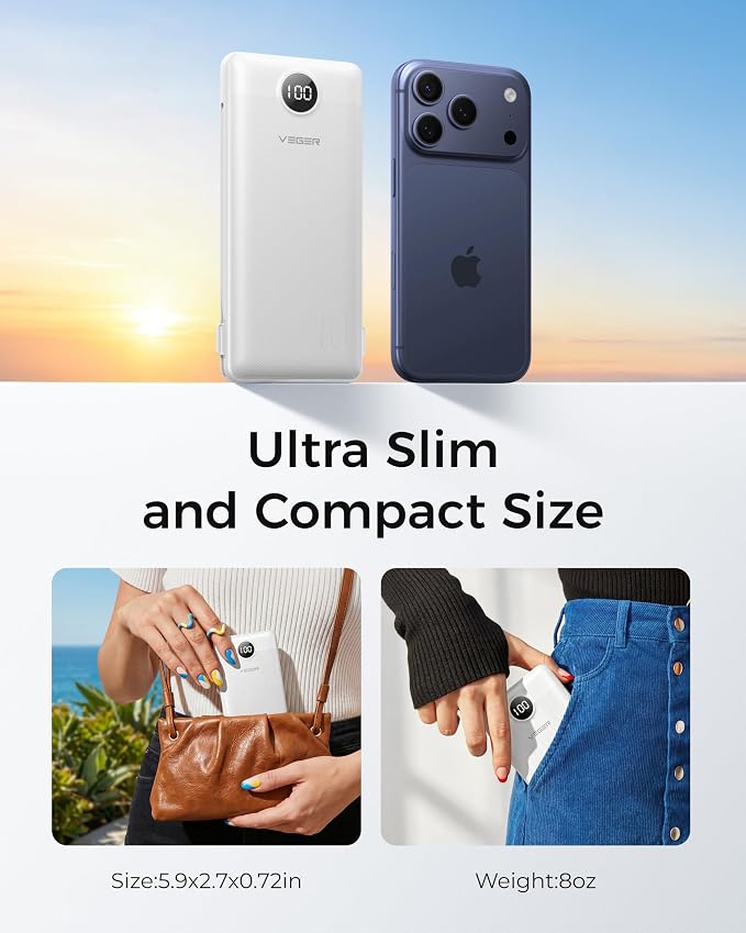 VEGER Portable Charger for iPhone Power Bank Built in Cable and Wall Plug | 10000mAhUltra Slim&ampCompact5 OutputsLED DisplayFlight-SafeTravel Essentials Battery Pack for iPhone 17iPad Samsun