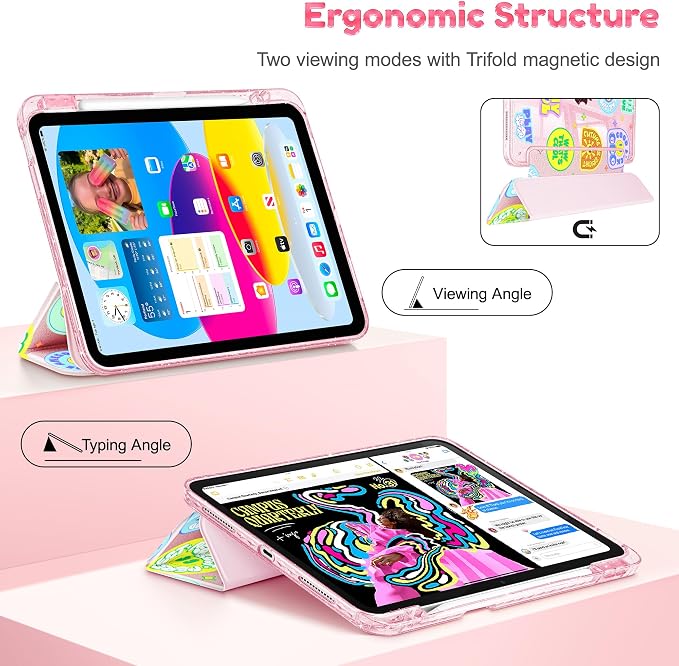 for iPad Air 11 inch M4/M3/M2 (2026/2025/2024) iPad Air 5th/4th Gen (2022/2020) 10.9 inch with Pencil Holder Glitter Clear Pretevtive Cover Auto Wake/Sleep Black Cartoon Stickers