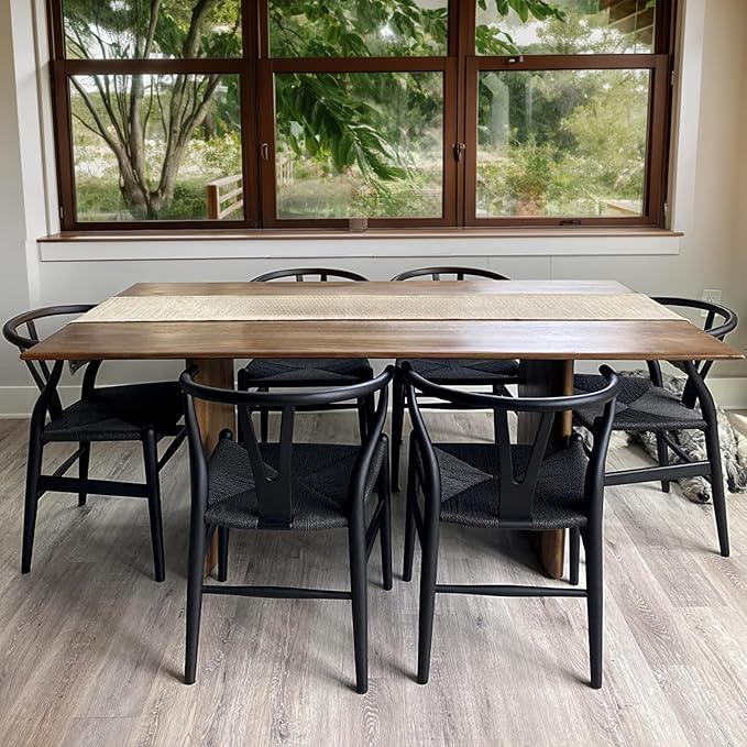 Wishbone Chair Natural Solid Wood Dining Chair/Hans Vegner Y Chair Rattan and Wood Accent Armrest Chairs Set of 2 (Ash Wood - Black)