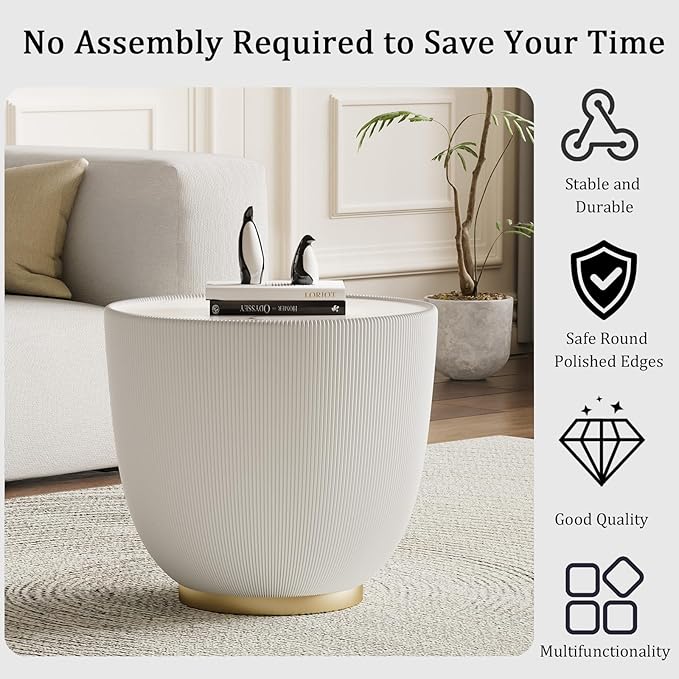 Round Coffee Table Set with Sintered Stone Tabletop, 27.56" Grey Drum Center Table and 19.69" White Coffee Table Set, 2 Pieces Living Room Table Set with Fluted PU Leather Cover& Metal Base