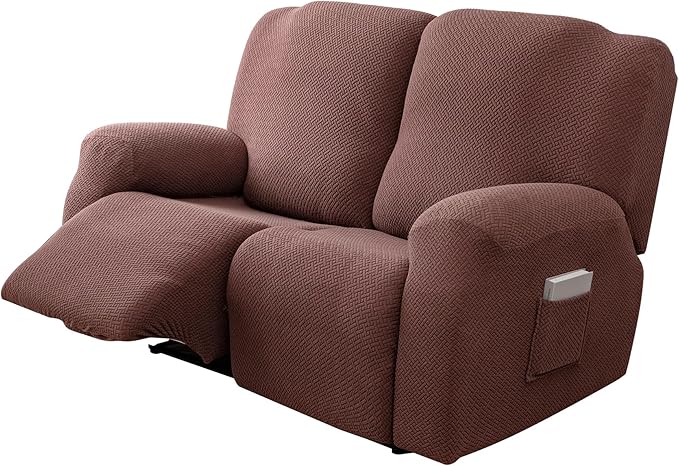 Genina Recliner Loveseat Covers, Stretch Reclining Sofa Covers, 2 Seater Couch Cushion Stripe Jacquard Recliner Slipcovers - Furniture Protector Covers for Pet Kid (Chocolate)
