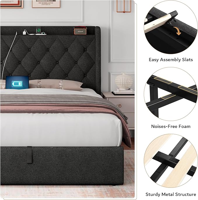 iPormis Full Size Lift Up Storage Bed Frame with Charging Station, Upholstered Platform Bed Frame with Tufted Headboard, Hydraulic Storage, No Box Spring Needed, Noise-Free, Easy Assembly, Dark Grey