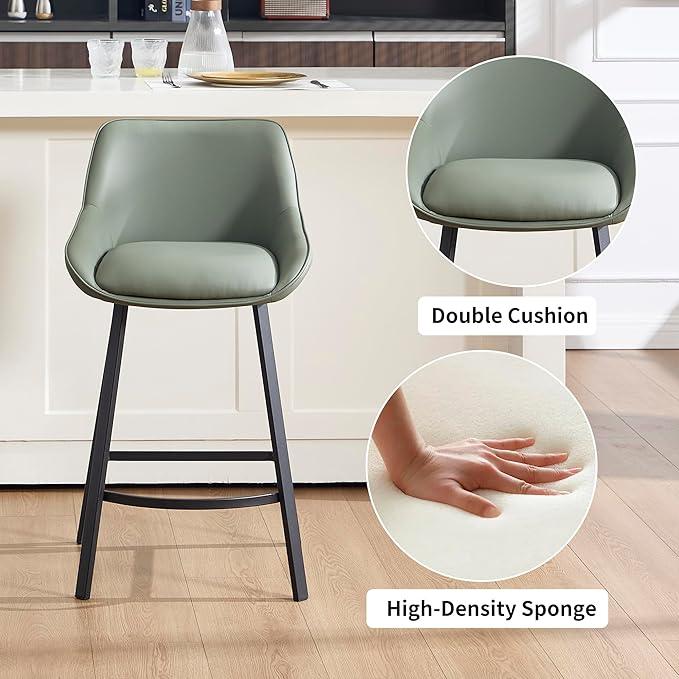26" Modern Bar Stools Set of 2, Faux Leather Upholstered Bar Stools, Counter Height Bar Chairs with Back for Kitchen, Dining Room, Cafe, Bar - Green