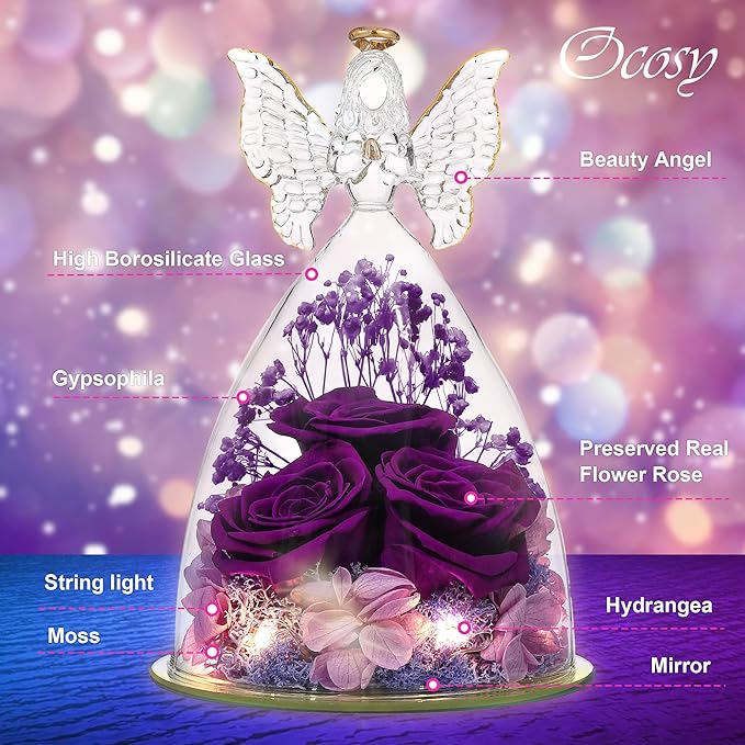 Ocosy Mothers Day Rose Gifts for her, Large Angel Rose Gifts for Women, Forever Real Roses in Angel Figurines, Angel Guardian with Roses Flower, Purple