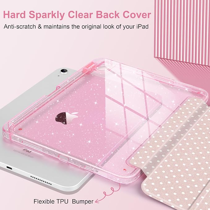 MEEgoodo Case for iPad A16 11th Generation 2025/10th Generation 2022 Glitter Tablet Cases with Transparent Acrylic Back+Trifold Stand +Pencil Holder+Auto Wake/SleepAbstract Sun &amp Palm Tree