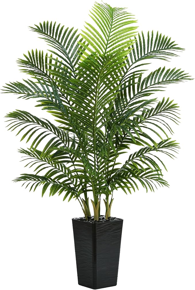 Artificial Palm Tree：5FT Tropical Fake Silk Plant UV Resistant Faux Areca Palm with White Planter & Black Pebbles for Home Office Living Room Decor Indoor Patio Porch Balcony (5FT,1-Pack,Black)