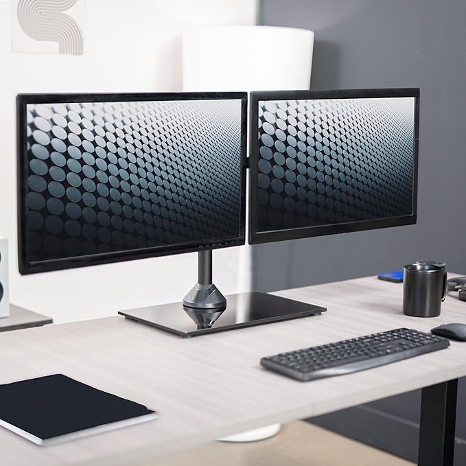 VIVO Freestanding Dual Monitor Stand with Sleek Glass Base and Adjustable Arms, Mounts 2 Screens up to 32 inch and 22 lbs Each, Black, STAND-V002FG