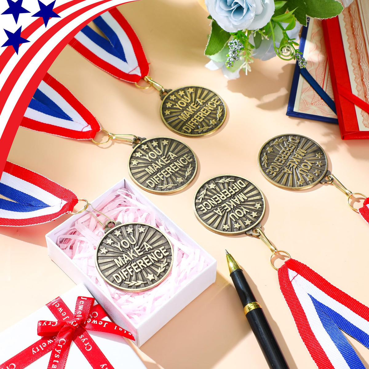 Quelay 30 Pcs 2'' Gold Awards Medals Bulk Winner Medals with Neck Ribbons Encourage Team Participation for Adults Trophy Award Prize Gift Competitions Graduation Party(Make A Difference)