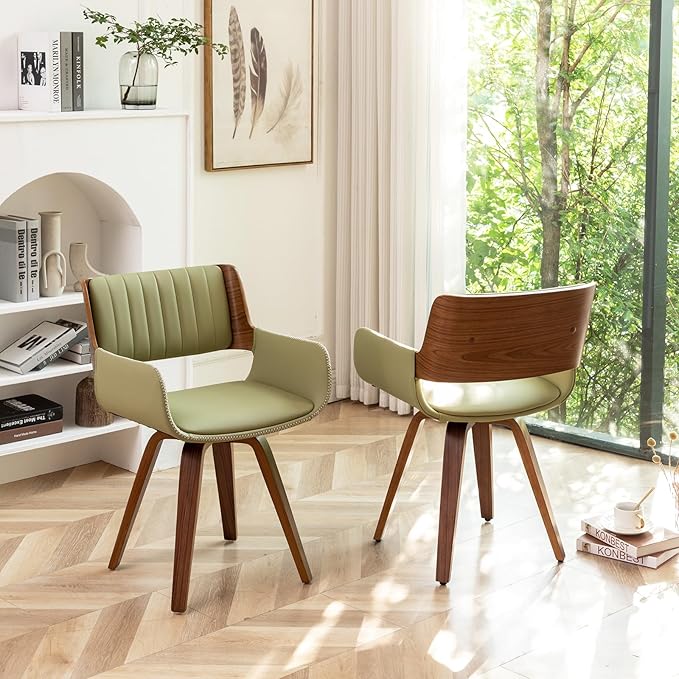 LUNLING Swivel Accent Faux Leather Dining Chairs Set of 2 Mid Century Modern Chairs with Wooden Legs/Armrest/Upholstered Seat/Adjustable Foots for Kitchen Dining Room Desk Chairs Beige