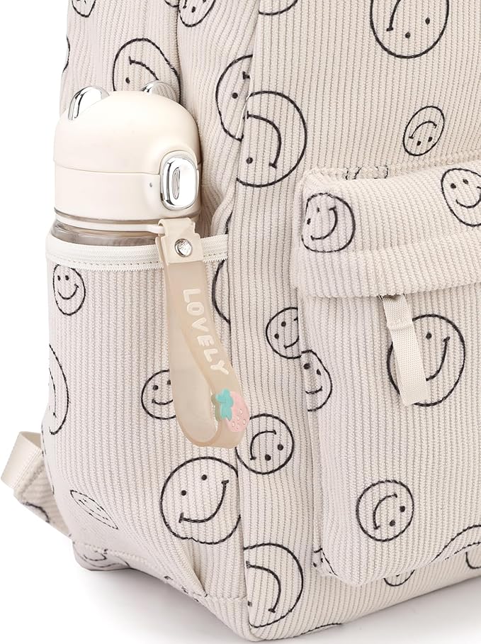 Backpack for Girls Boy Teen Corduroy Bookbags Elementary Middle High School Women Laptop Bag with Lunch Box Pencil Bag (Smile Beige)