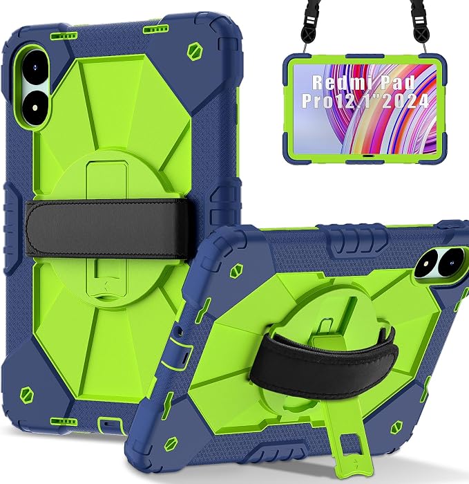 for Xiaomi Redmi Pad Pro 12.1/Xiaomi Poco Pad 12.1 Case with with Kickstand/Hand Strap/Rotating/Shoulder Strap (Black/Black)