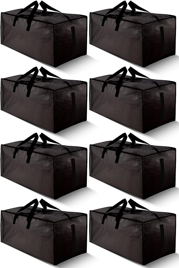 HOMESURE 8 Pack Large Strong Bags with Zippers & Carrying Handles - Water-Resistant - Heavy Duty Storage Tote for Space Saving, Fold Flat, Alternative to Moving Box (Black)