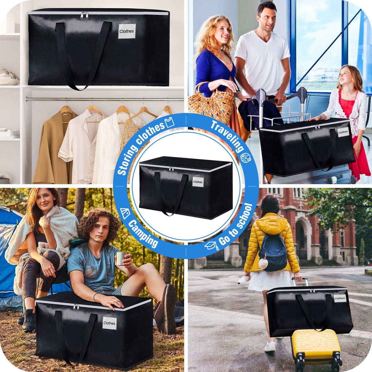 BlissTotes Moving Bags, Heavy Duty Moving Boxes with Zippers Top and Sturdy Handles, Storage Bags for Space Saving and Packing, Collapsible Moving Supplies, Storage Totes (76L, 2-Pack, Black)