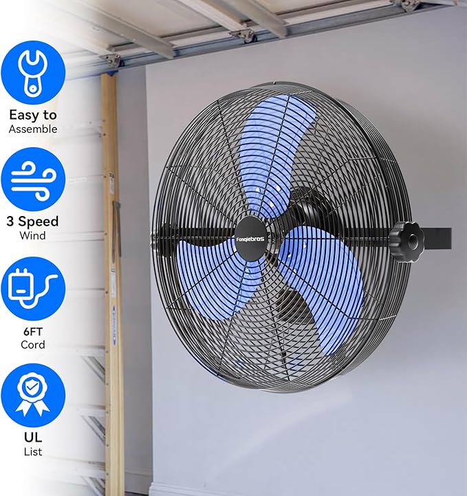 Fanqiebros 4580 CFM 18 inch High Velocity Wall Mounted Fan, 3-Speed Metal Fan with Sealed Motor, 360 Degree Tliting Heavy Duty Wall Fan for Patio, Barn, Garage, and Gazebo - UL listed