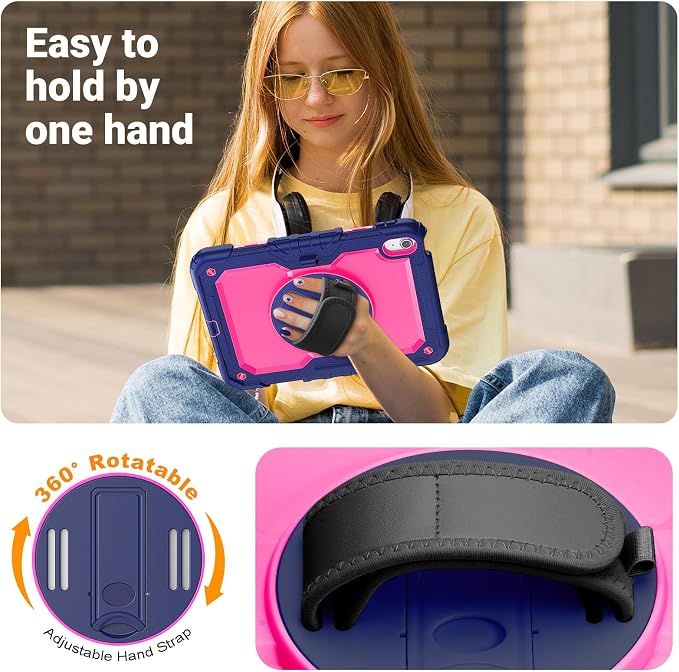 Case for iPad (A16) 11th/10th Generation 11''/10.9'' 2025/2022: Shockproof Protective Case with Hand/Shoulder Strap Pencil Holder Rotate Stand Screen Protector Black