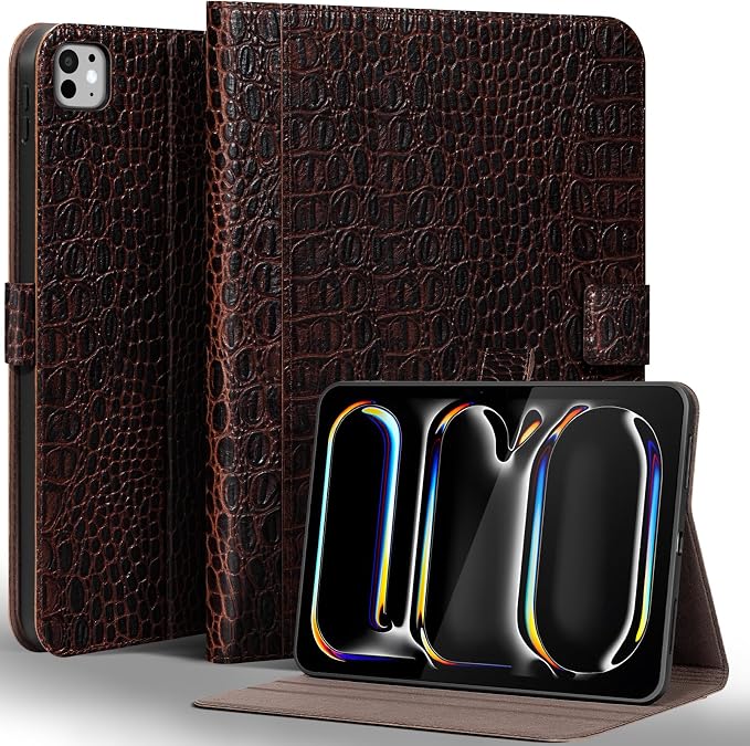 Gexmil Leather Case for iPad Pro 13 Inch M5/M4 2025/2024Crocodile Brown | Genuine Leather Cover with Magnetic ClosureSmart Folio Auto Sleep/WakeProtective ShockproofAdjustable Stand